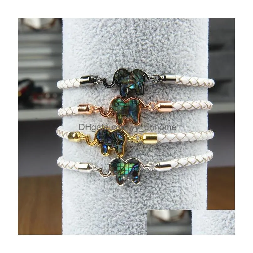 natural abalone shell cz elephant bracelet with genuine leather nice adjustable animal jewelry wholesale 10pcs/lot