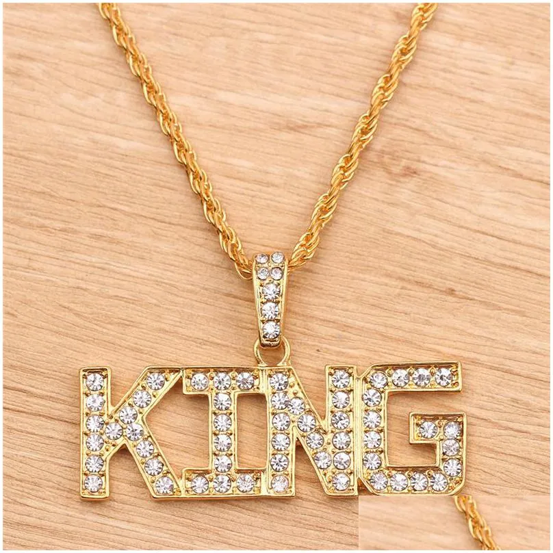 diamond cross pendant necklaces for men women crystal rhinestone king queen letter charms fashion gold hip hop jewelry long chain