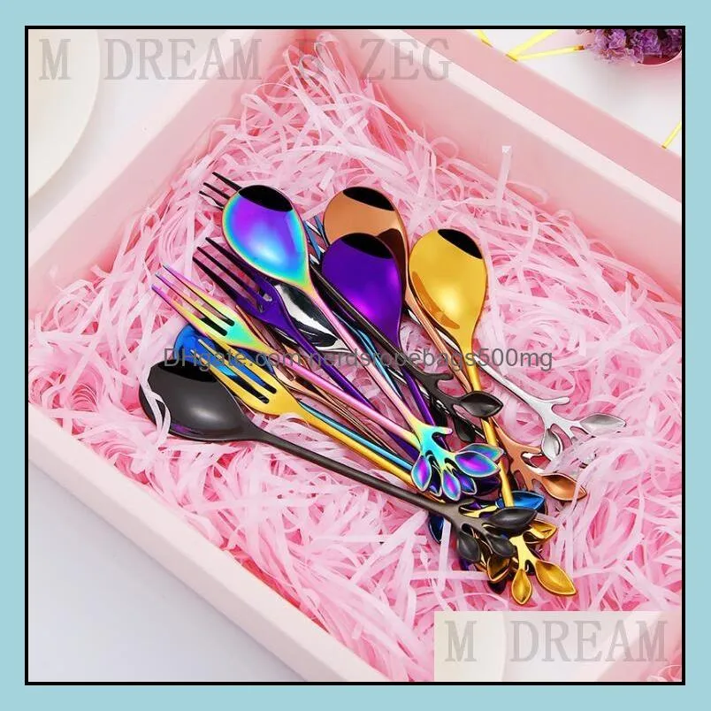 leaf branch coffee stirring spoons colorful stainless steel tree leaves fruit fork moon cake forks tableware exquisite gift cutlery