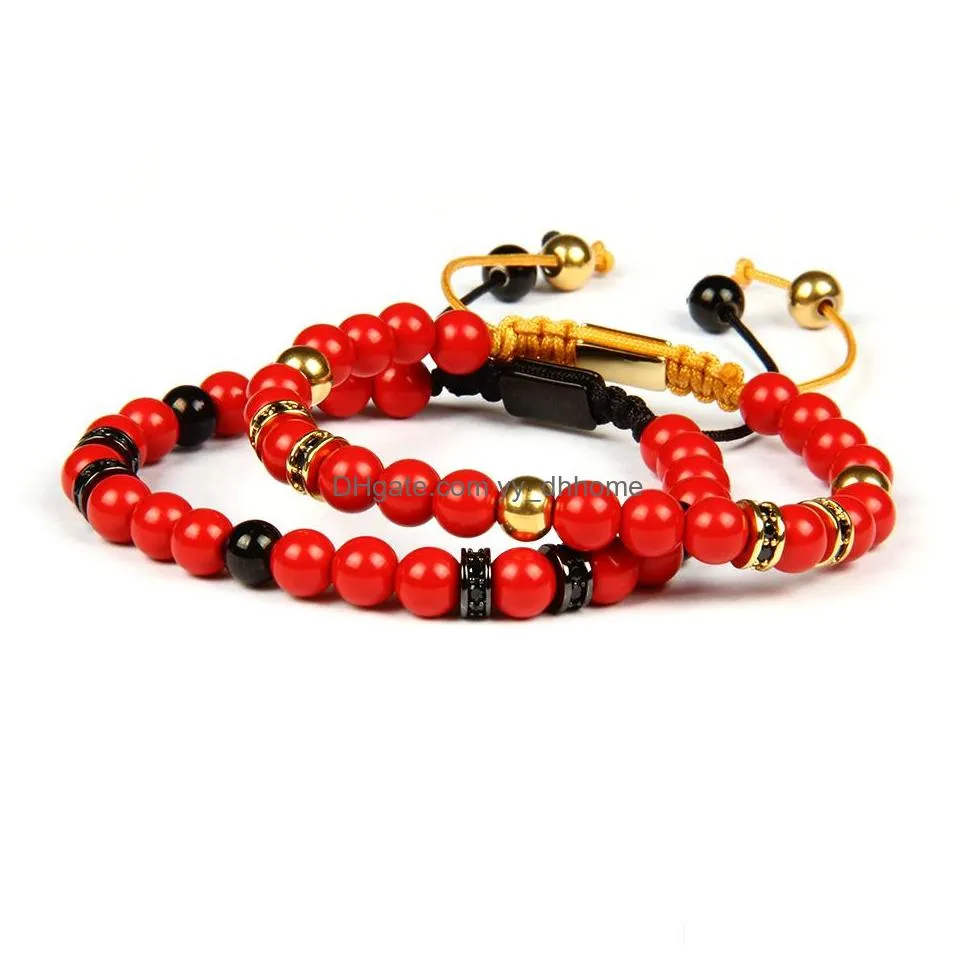  men bracelet black cz spacer beads macrame couples bracelets with 6mm cinnabar beads top quality 10pcs/lot