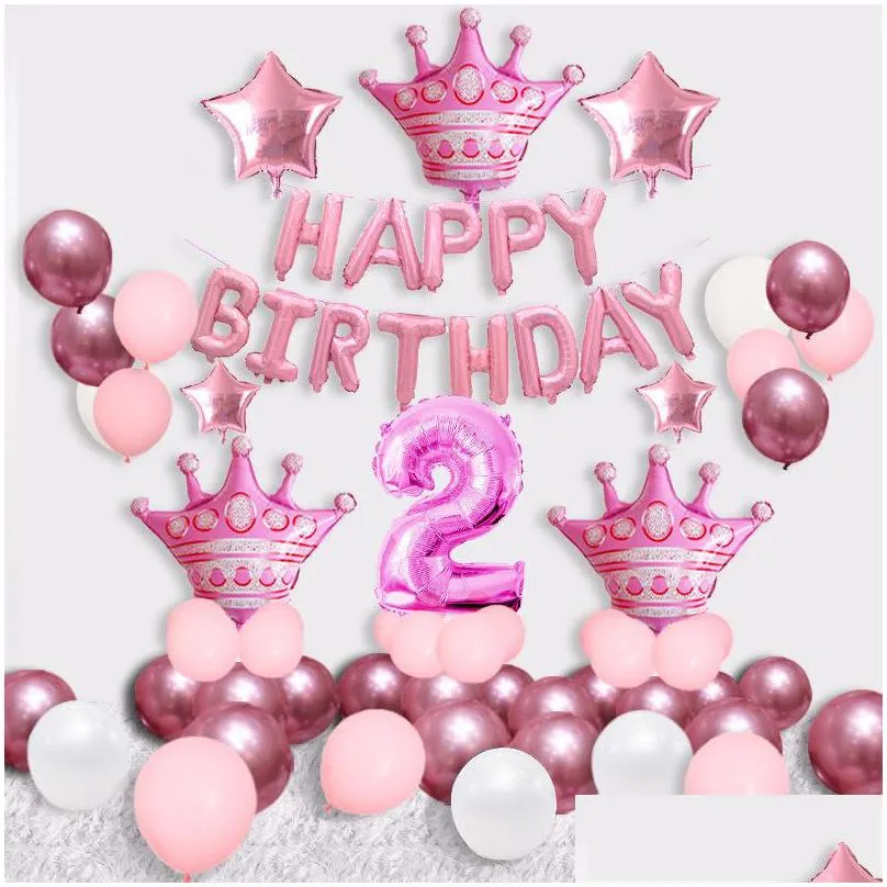 1 set blue pink crown birthday balloons helium number foil balloon for baby boy girl 1st birthday party decorations kids shower