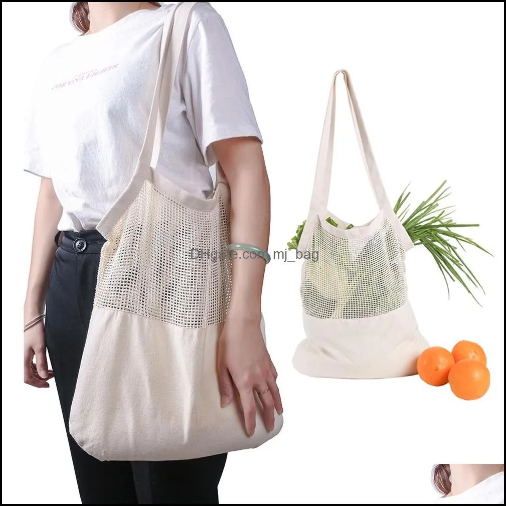 cotton mesh grocery bags reusable shopping bags vegetable fruit  bags shopper tote shoulder bag washable home storage