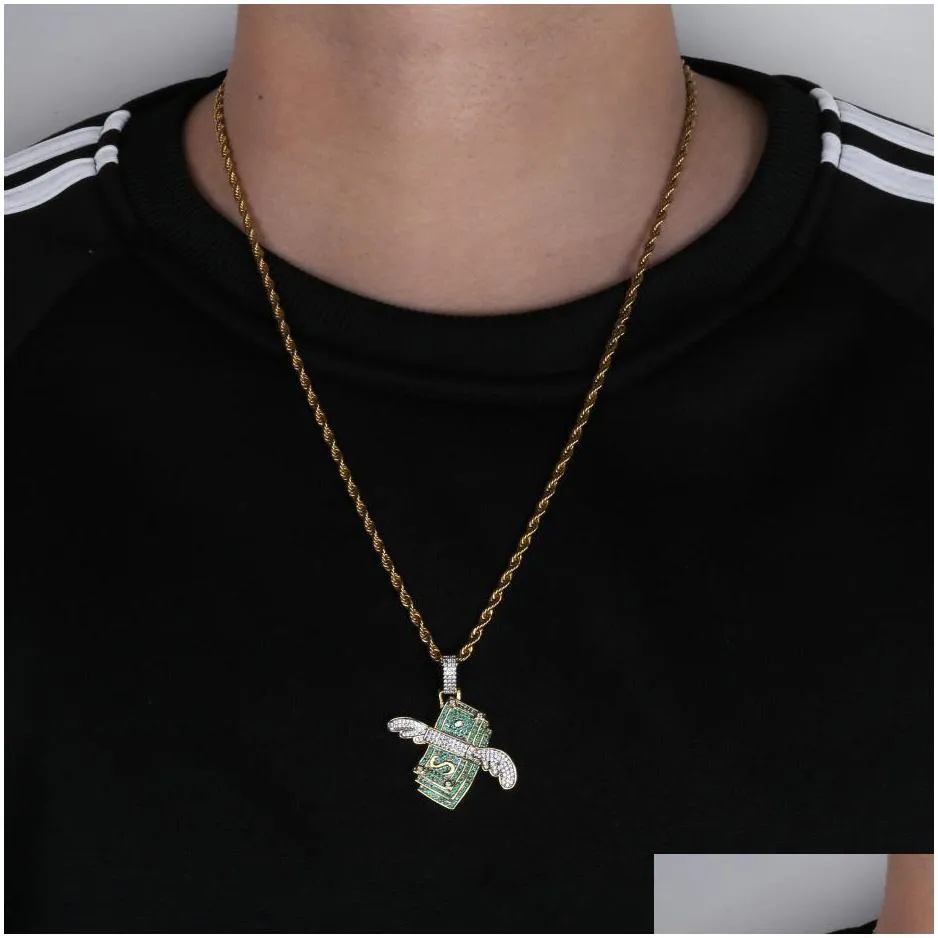 new iced out necklace flying cash solid pendant necklaces mens personalized hip hop gold silver color charm chains women jewelry gifts