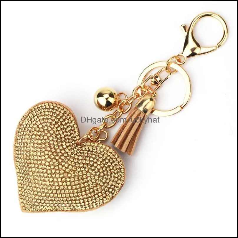 gold crystal heart keychain tassel charm carabiner key rings holder bag hangs fashion jewelry