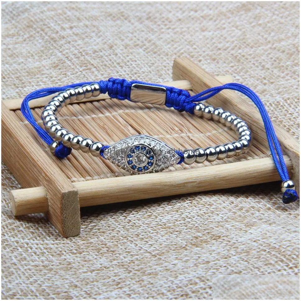  arrival religion jewelry 4mm stainless steel beads with micro pave black and blue cz lucky eye macrame bracelet for gift