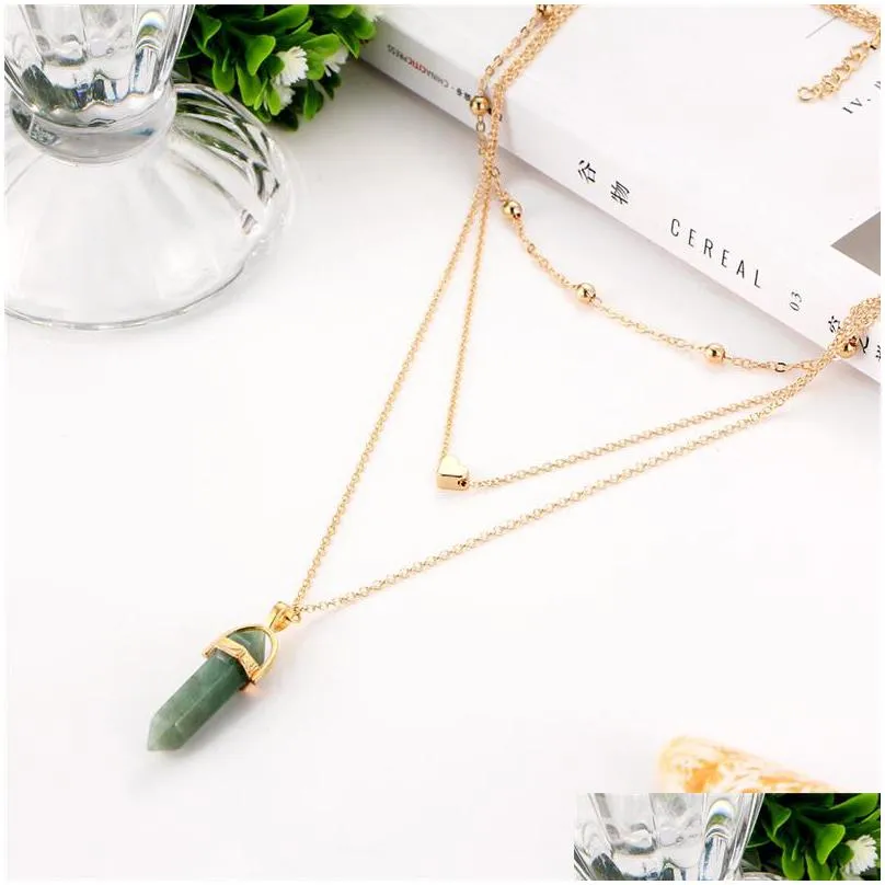 multilayer chain necklaces jewelry bullet heart shape crystal amethyst quartz bead chakra healing point women natural stone pendant
