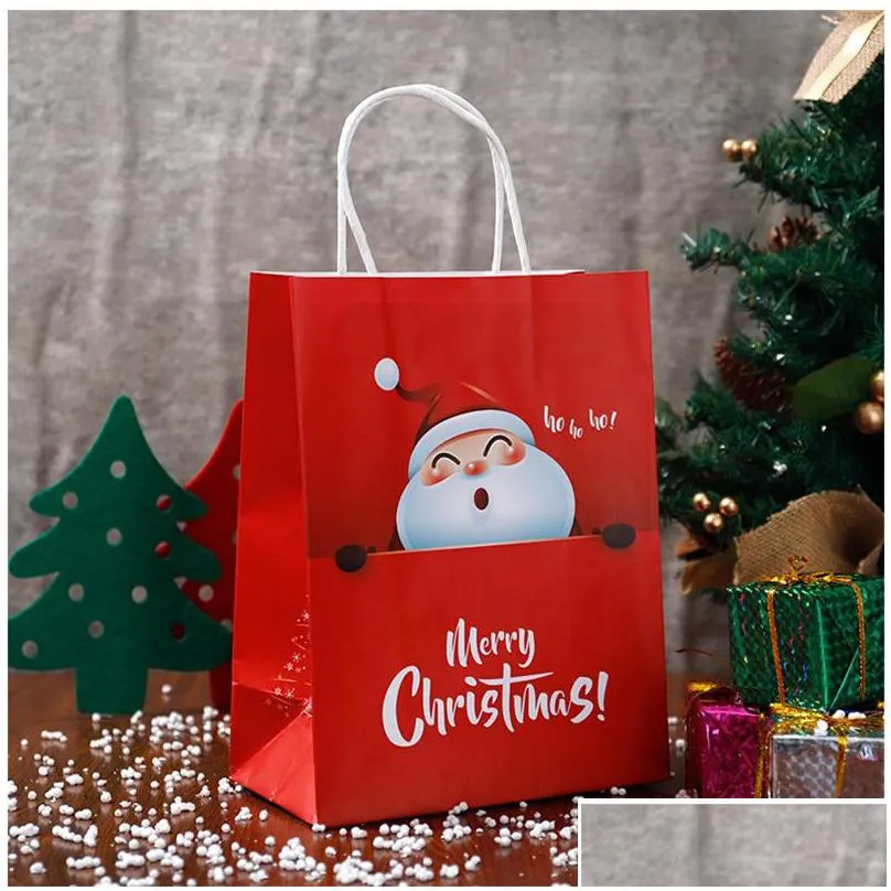 christmas gifts shopping bags wrap kraft paper tote bag saint claus deer merry xmas tree snowman print carrying storage takeout gift jewelry packaging