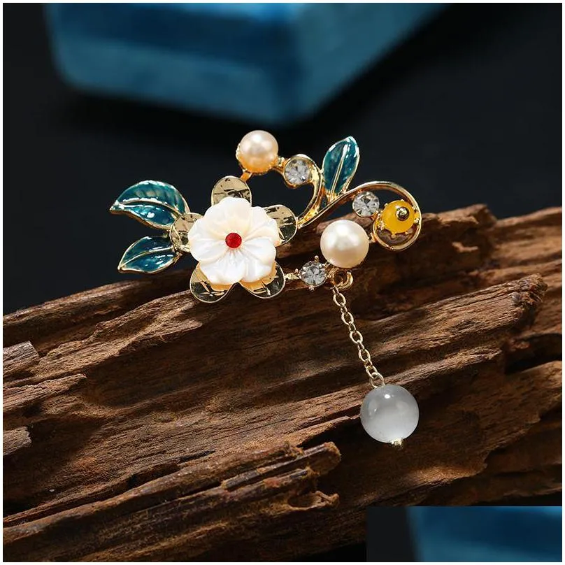pins brooches muylinda fashion gold vintage jade flower pins with pendant freshwater pearls women costume clothes brooch jewelry