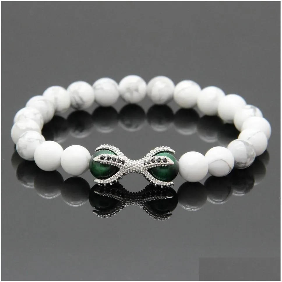 wholesale 10pcs/lot micro inlay black cz beads  paw charms bracelets white howlite marble stone with green tiger eye beads