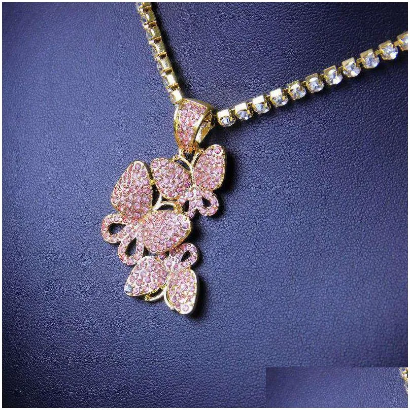 women iced out butterfly necklaces animal pendants tennis chain jewelry fashion crystal rhinestone pendant necklace gold silver pink