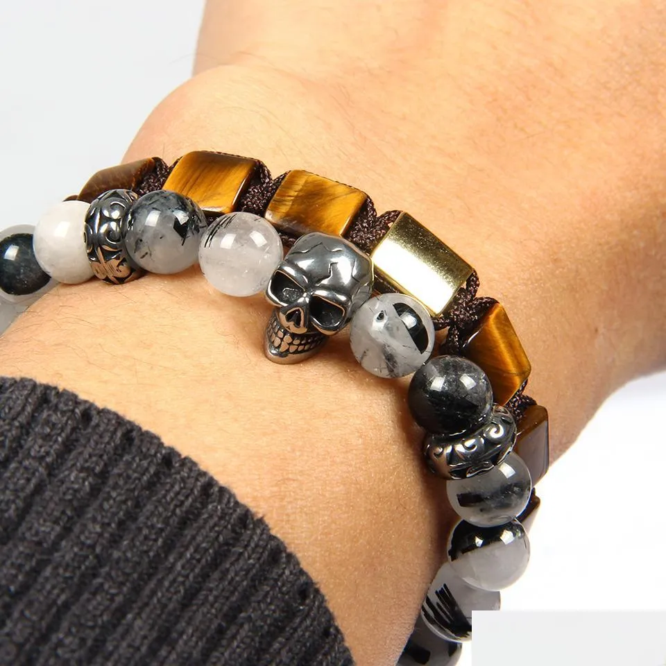  1pcs retail jewelry 8mm mix colors natural stone beads with stainless steel skull bracelets