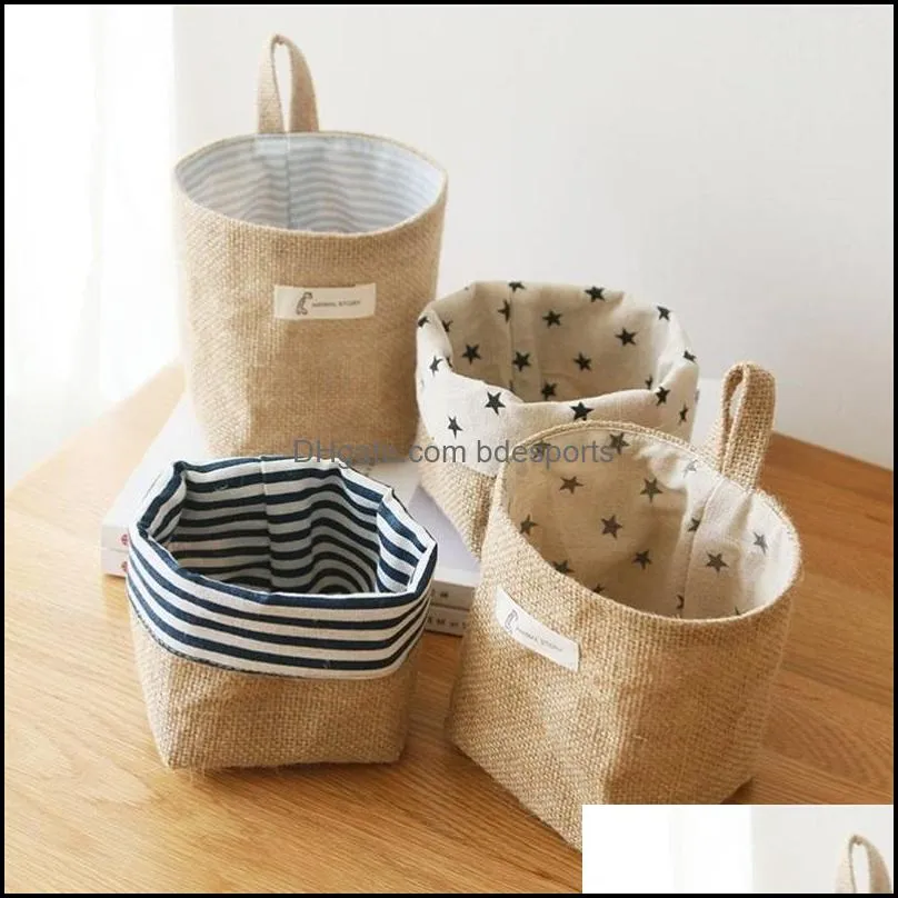 in stock creative cotton and linen desktop storage bag wallmounted storage hanging bag jute storage basket shipping 74 p2