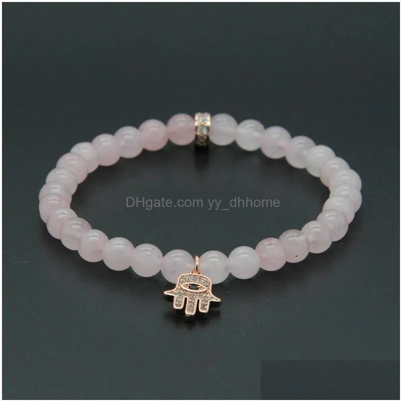 wholesale womens jewelry 10pcs/lot 6mm natural pink crystal stone with micro inlay zircons fatima hand hamsa pendant bracelets