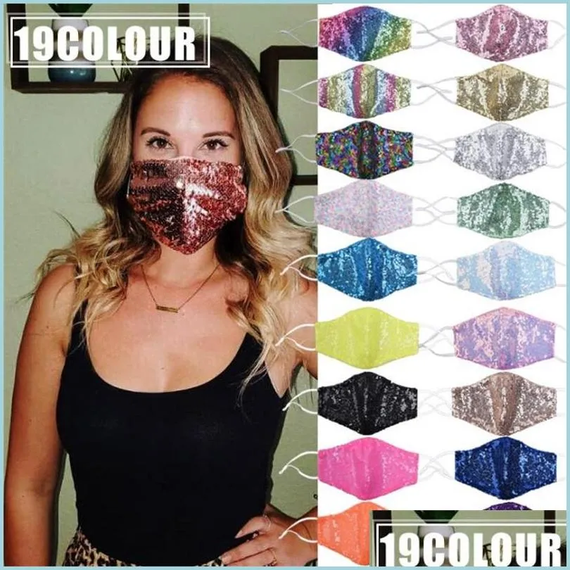 19 colors sequin mask fashion bling bling face mask dustproof washable reusable mouth masks unisex cycling cotton designer mask
