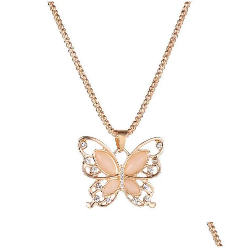crystal butterfly pendant necklace 18k rose gold plated sweater necklace opal stone hallow long chain charms animal fashion korea