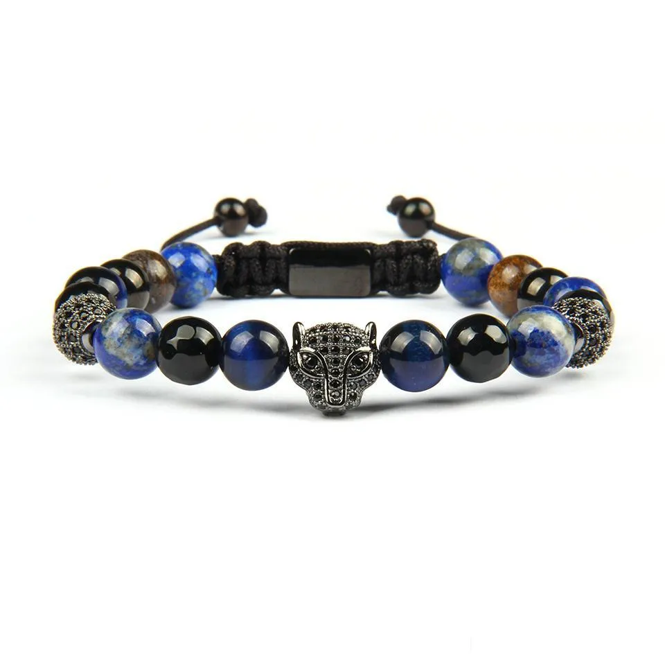 men panther cz bracelets wholesale 8mm natural stone beads with black cz leopard macrame stainless steel jewelry