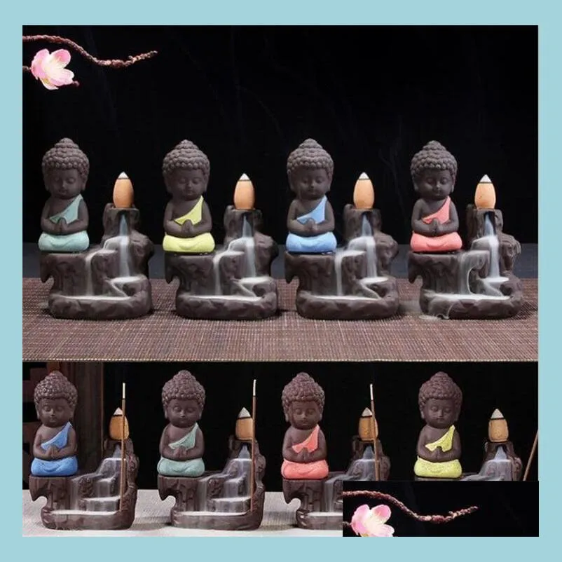 lotus backflow buddhist incense little monk censer ceramic backflow incense burner holder aromatherapy smoke backflow stick incense