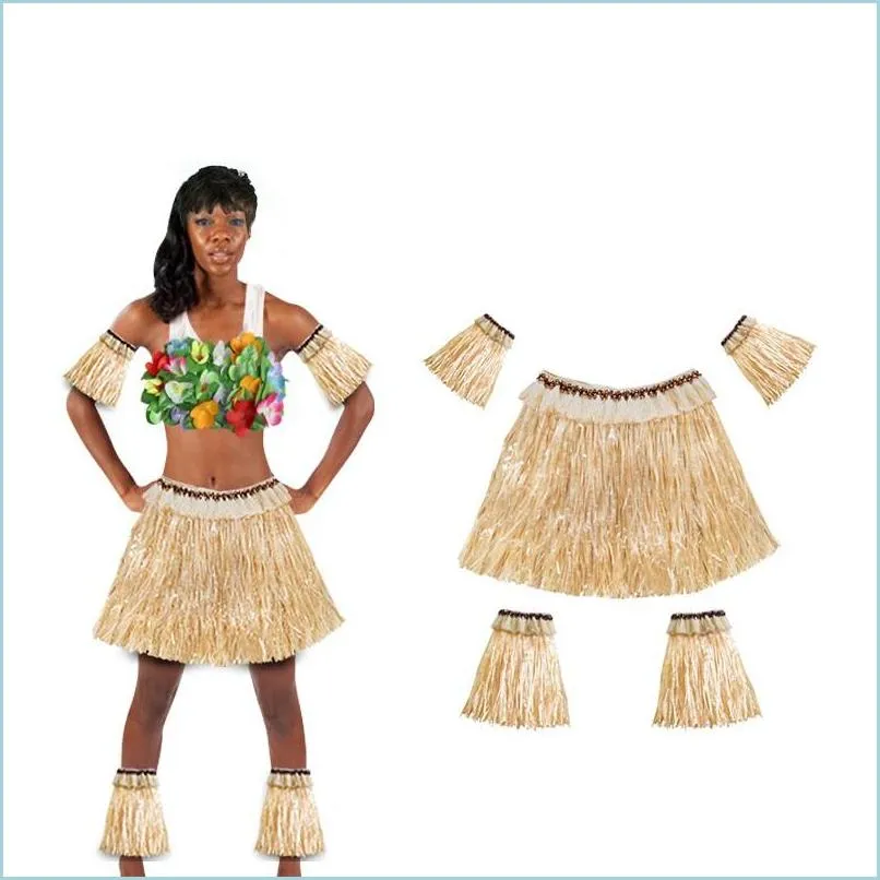  hawaiian grass skirt suits 5pcs arm sleeves feet covers skirts fit men women elastic party costume 15ck e1