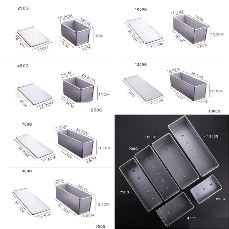 250g/450g/750g/900/1000/1200g aluminum alloy toast boxes bread loaf pan cake mold baking tool with lid t200111