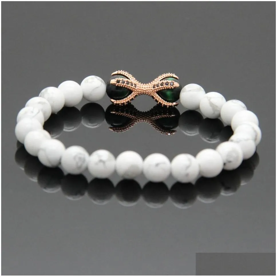 wholesale 10pcs/lot micro inlay black cz beads  paw charms bracelets white howlite marble stone with green tiger eye beads