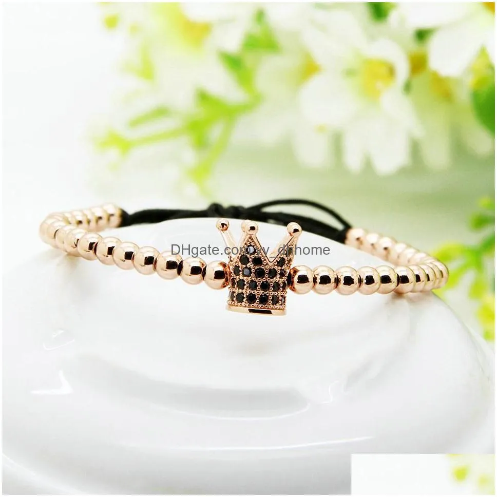 high grade jewelry wholesale 10pcs/lot top quality 4mm copper beads with black cz crown charm men macrame bracelet party gifts