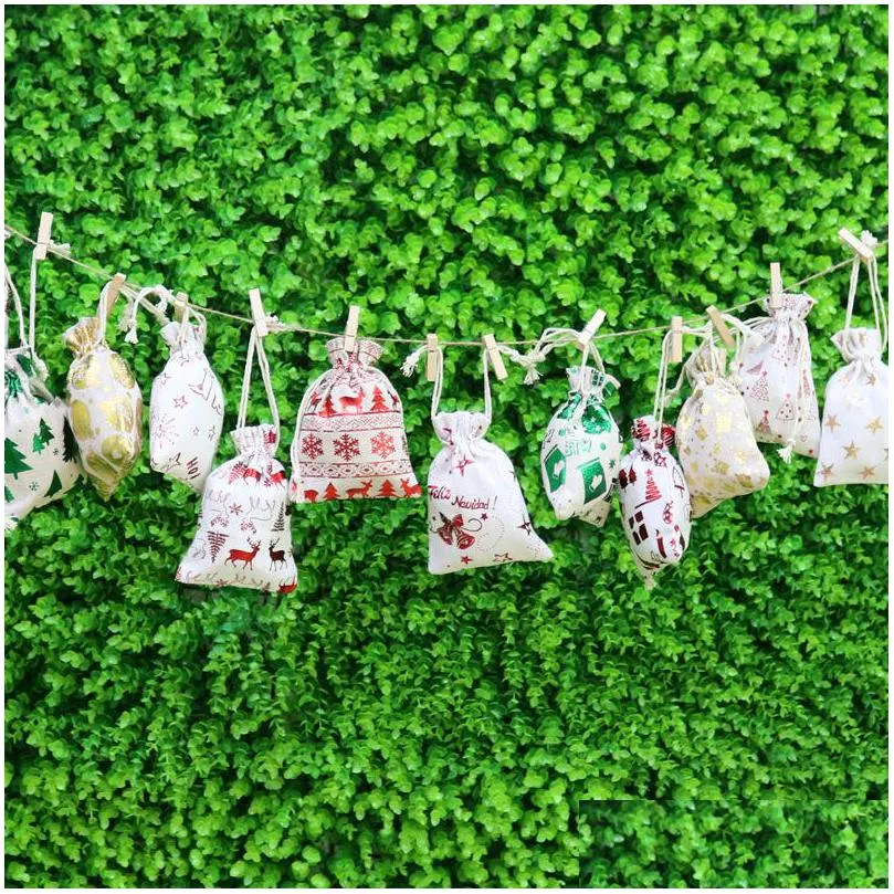 christmas gift drawstring bags printed candy storage fashion jewelry pouches bronzing cotton cloth bag santa snowflake merry xmas new year decorations