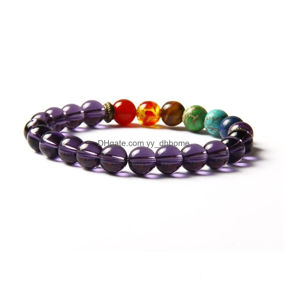 sale 7 chakra healing stone yoga meditation bracelet 8mm purple glass beads with natural sediment tiger eye stone and crystal stretch