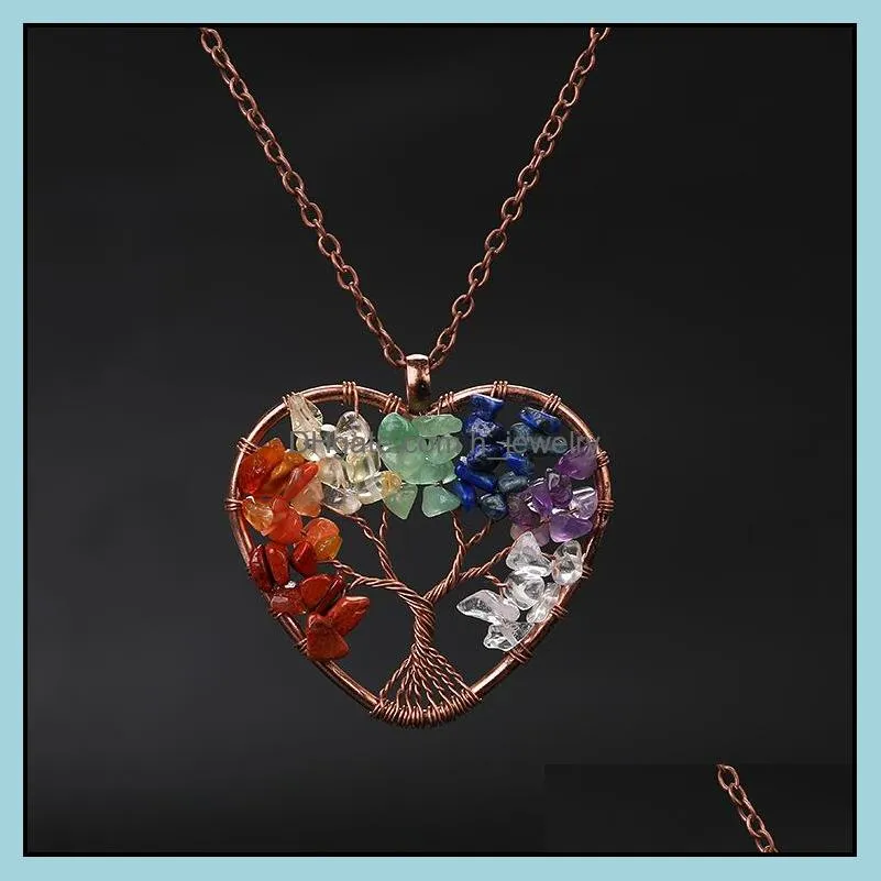 chakra heart pendant necklace wire natural stone beads tree of life necklaces for women children fashion jewelry