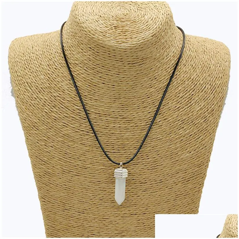 hexagonal chakra stone necklace crystal bullet shape gemstone resin pendant necklaces quartz pu leather chain necklace statement