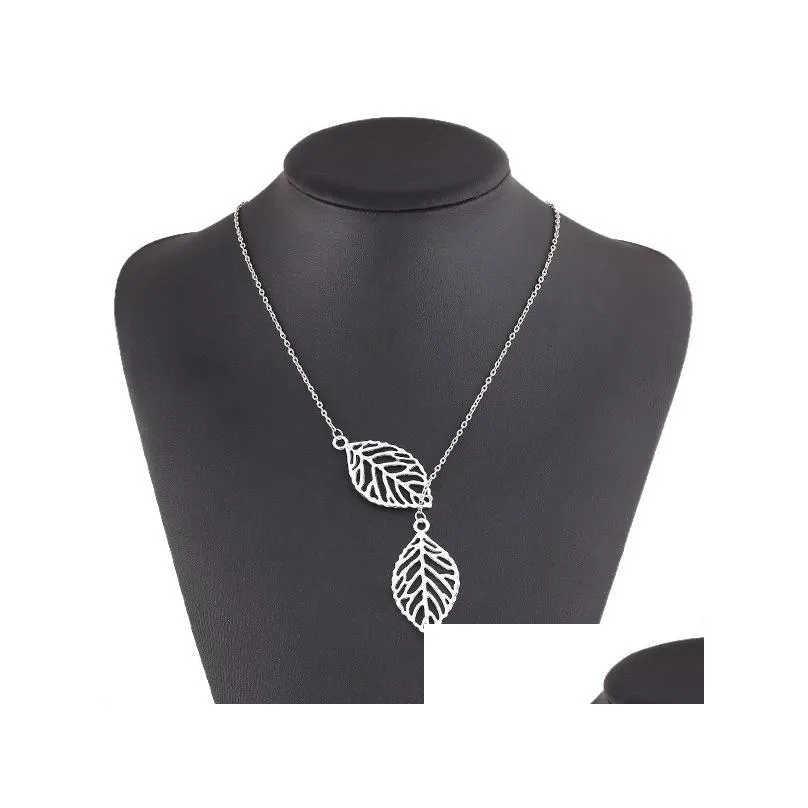 two leaves pendant necklace silver gold hollow leaf clavicle choker chain statement necklace fashion simple european charm jewelry for