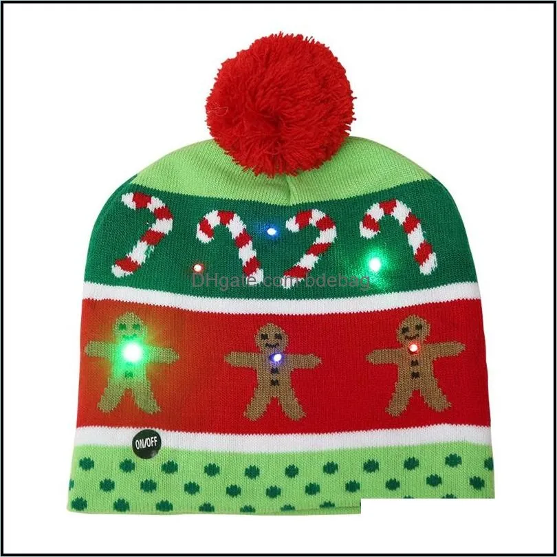 christmas decorations led party hat xmas tree snowman snowflake styles knitting beanie fashion glowing caps arrival 10hb e1