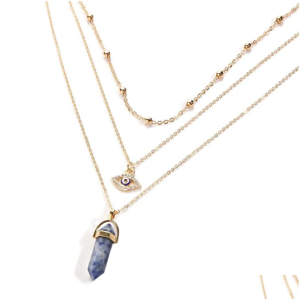 blue evil eye stone necklaces women natural crystal quartz chakra bullet hexagonal prism point healing pendant beads necklace fashion multi layered choker