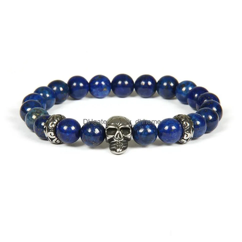  silver stainless steel skull bracelet wholesale 10pcs/lot color keeping beaded bracelets with 8mm natural stone beads