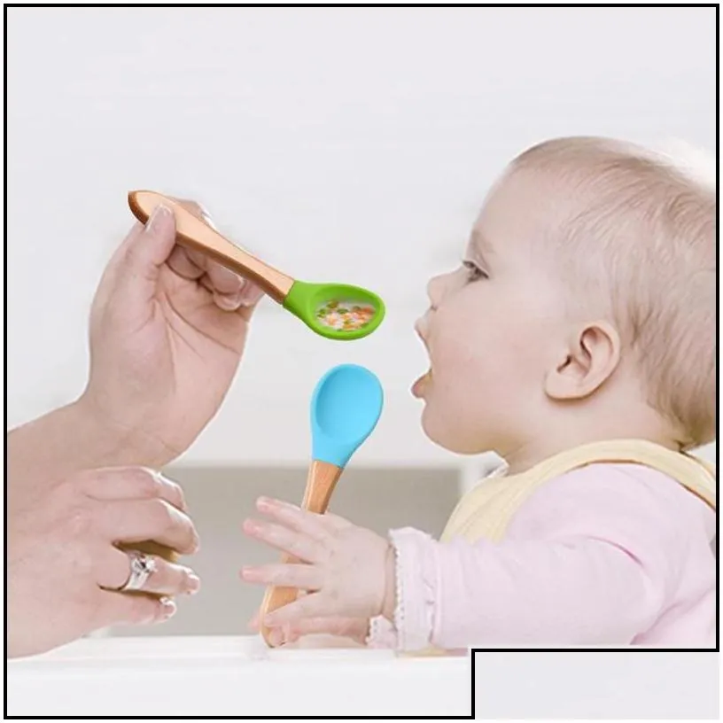 spoons children sile spoons wooden handle coffee scoops baby training spoon home kitchen tableware drop delivery 2022 garden dining