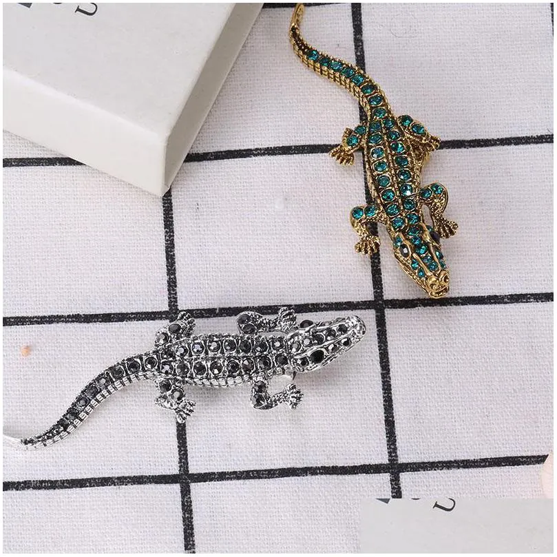 pins brooches 2021 arrival 1pcs 2 colors available rhinestone crocodile vintage animal pins trendy jewelry party accessories