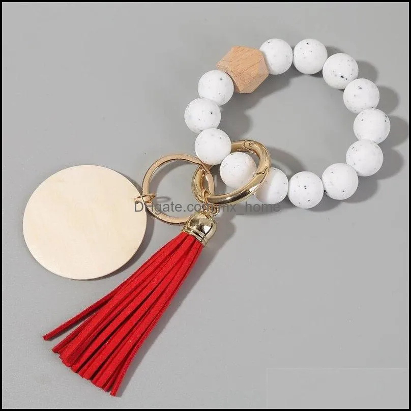 wood chip bracelet keychain party favor wristlet key chain silicone bead tassels handchain key ring