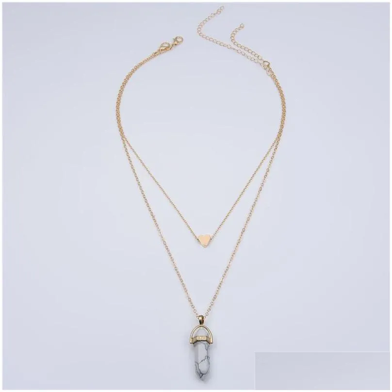 natural stones heart necklace fashion crystal quartz chakra bullet hexagonal prism point healing pendant necklaces double layer gold chain for women party