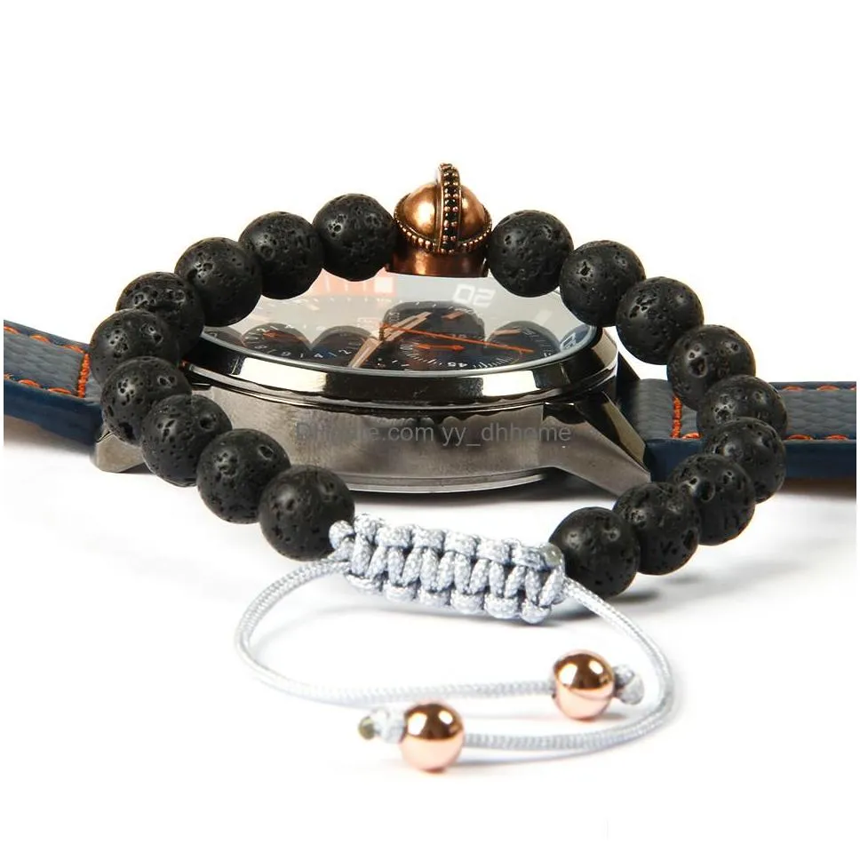  mens jewelry wholesale 10pcs/lot 8mm lava stone with antique silver rose gold micro pave spartan helmet macrame bracelets