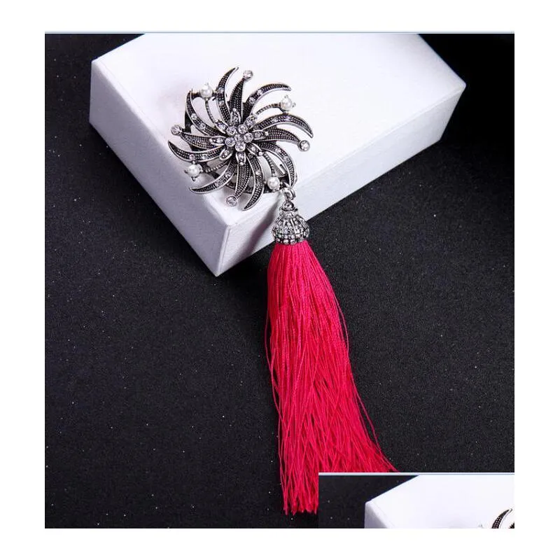 pins brooches 2 color arrival crystal vintage silver flower handmade tassal brooch for women jewelry blue red tassel