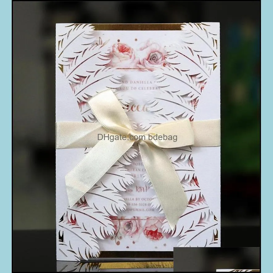 white feather style greeting party card hollow out wedding invitation cards kraft paper envelope fashion creative sell well whites color 2 6dd