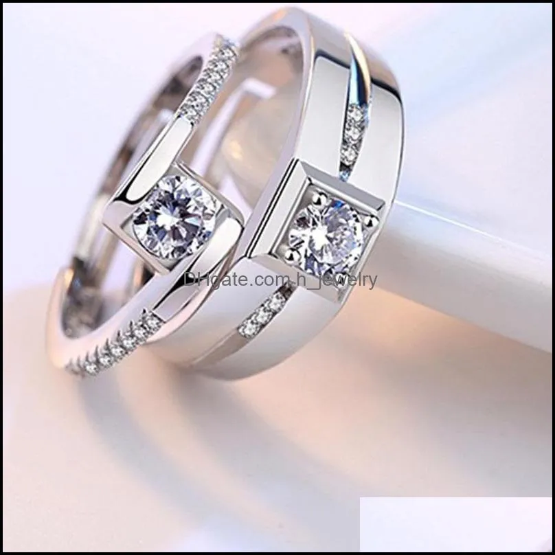 cubic zircon diamond ring solitaire adjustable silver engagement wedding couple rings mens women fashion jewelry