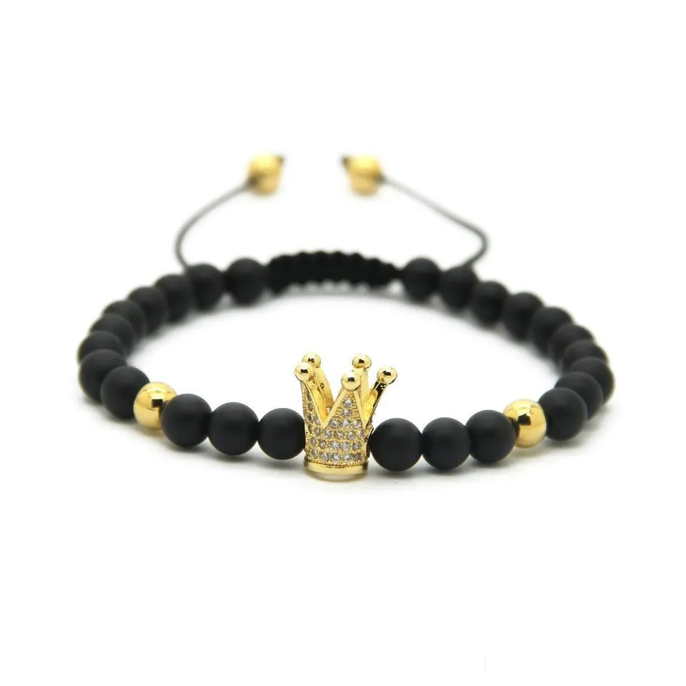 6mm natural white howlite matte agate stone copper beads gold and silver plated crown braided cz bracelet