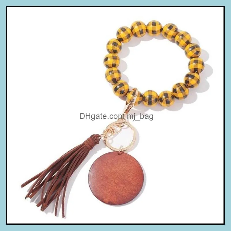 wood bead keychain with tassel printed beads bracelet party favor plaid wooden key ring board wrist keychains pendant