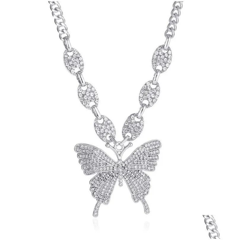 iced out butterfly necklaces luxury cuban link chains fashion party jewelry gift for women girls crystal rhinestone animal pendant punk hip hop