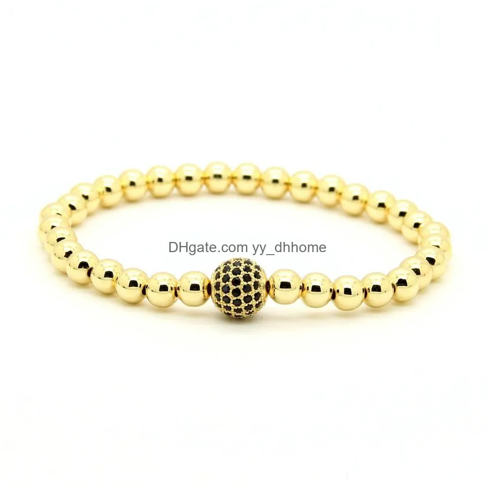 wholesale 10pcs/lot 6mm real gold rose gold platinum plated copper round beads with 10mm black cz stretch mens bracelet