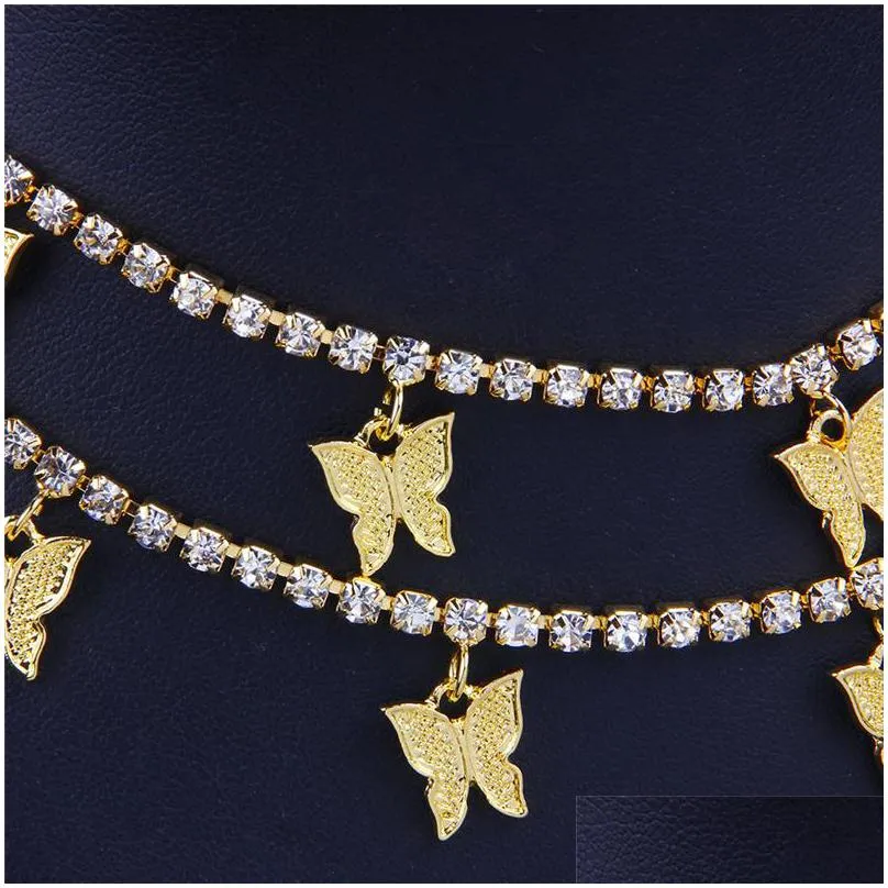 butterfly choker necklaces gold silver 2 layers designer animal pendant iced out chain fashion rhinestone hip hop bling jewelry women