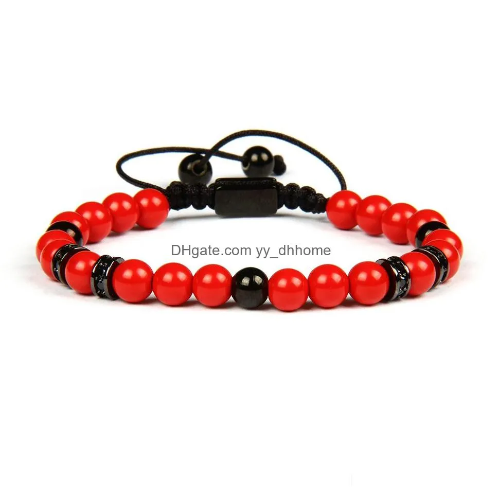  men bracelet black cz spacer beads macrame couples bracelets with 6mm cinnabar beads top quality 10pcs/lot
