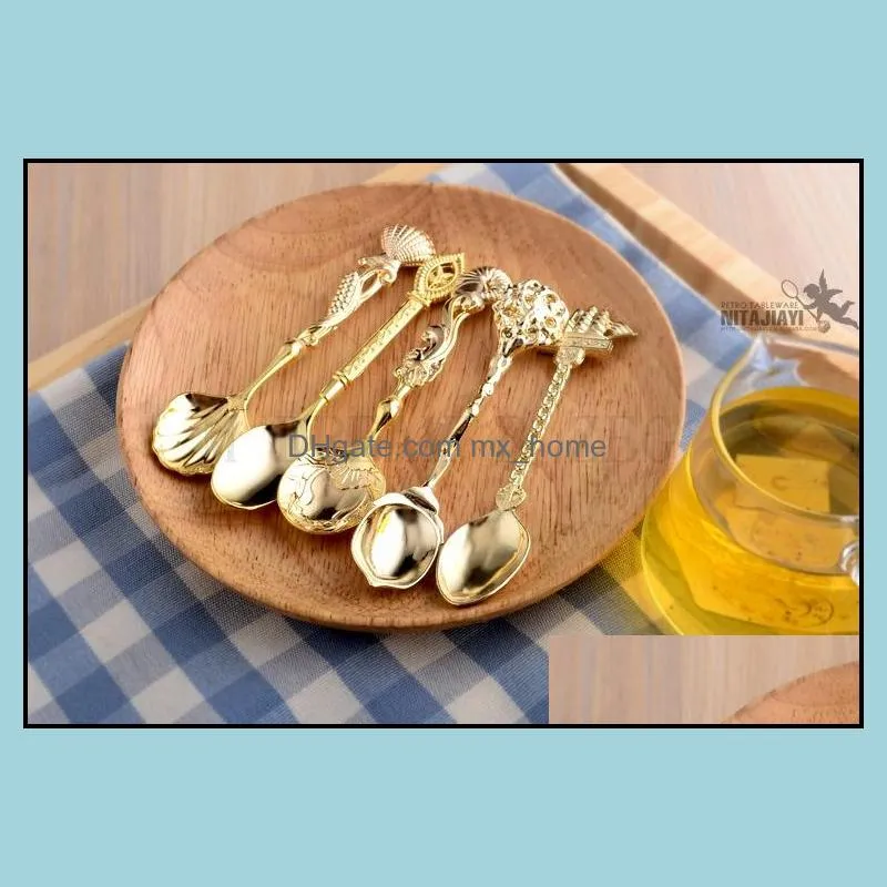5pcs/lot vintage royal spoon 4 colors carved small coffee spoon mini dessert spoons for snacks kitchen flatware cutlery