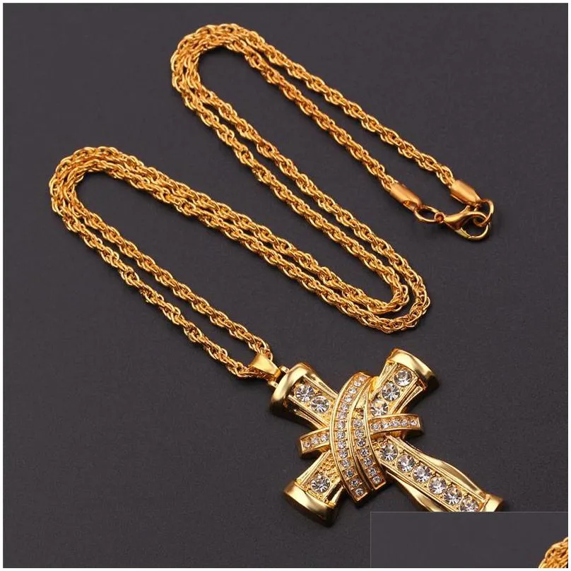 diamond cross pendant necklaces for men women crystal rhinestone king queen letter charms fashion gold hip hop jewelry long chain