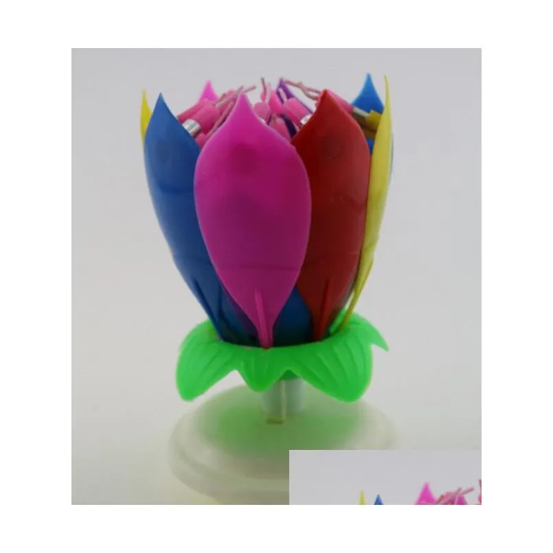 musical birthday candle magic lotus flower candles blossom rotating spin party candle 14 small candles 2layers cake topper decoration